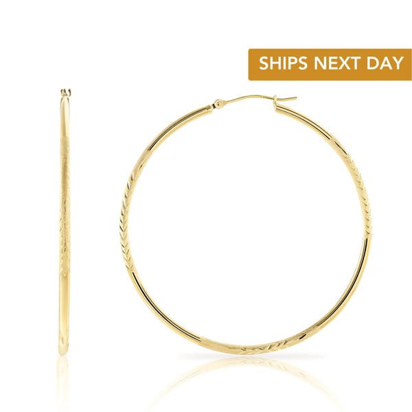 14K Gold Round Hoop Earrings, Hand Engraved With Diamond-Cuts, Unique Floral-Cut Pattern, Round Large Hoops, 2", Made By TILO Jewelry