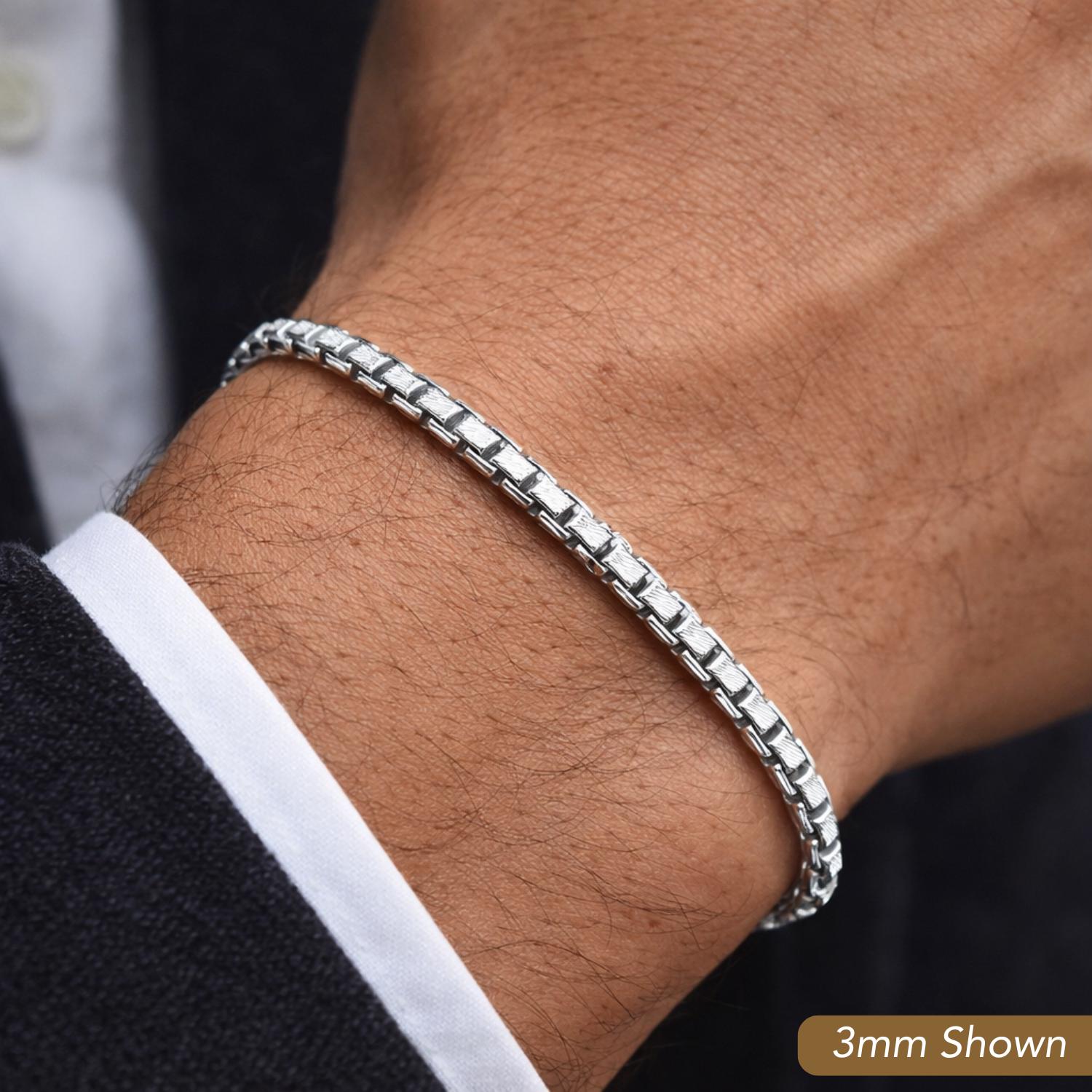 Sterling Silver Italian Box Chain Bracelet, With Hand Engraved