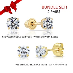 Bundle Set of 2! 14k Solid Yellow Gold Basket Set Round CZ Stud Earrings + 1 Pair of 925 Sterling Silver Studs, Unisex, By TILO Jewelry