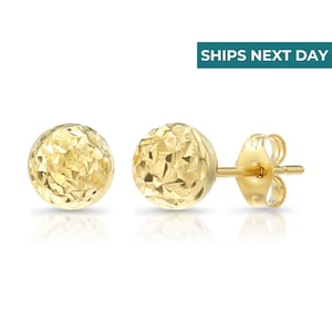 14K Gold Sparkle Ball Stud Earrings, Hand Engraved Diamond Cuts, By TILO Jewelry