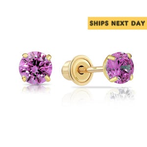 14k Solid Yellow Gold Round CZ Stud Earrings, Screwback Sleeper Studs, February Birthstone Amethyst, By TILO Jewelry