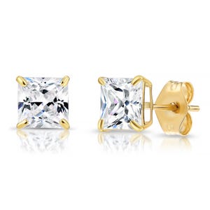 14K Gold Square Stud Earrings, Solid 14K Yellow Gold Push-back Studs, Princess Cut Sparkling Cubic Zirconia Stones, By TILO Jewelry