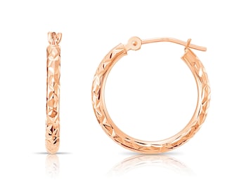 14K Rose Gold Hoop Earrings, Hand Engraved "X-Pattern" Design, Small Medium Large Solid Gold Hoop Designer Earrings, By TILO Jewelry