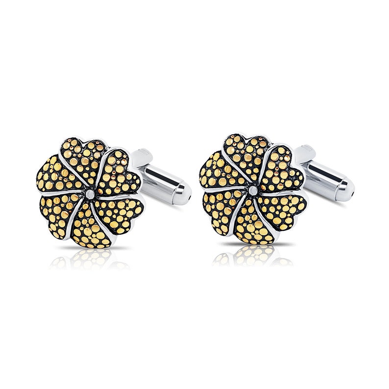 Two-tone Mens Gold Flower Cuff links in Sterling Silver