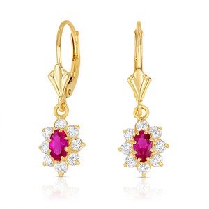 14K Solid Gold Flower Dangle Earrings with Leverbacks, Ruby Birthstone Color, 1 inch tall