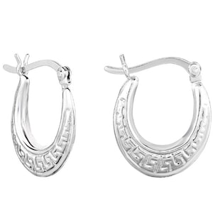 Greek Key Design Oval Hoops in Sterling Silver, Greek Jewelry, Greek Meander Tubular Hoop Earrings, 18mm