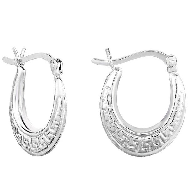 Greek Key Design Oval Hoops in Sterling Silver, Greek Jewelry, Greek Meander Tubular Hoop Earrings, 18mm