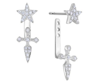 Ear Jacket Double Star & Cross Adjustable Front-back Earrings in Sterling Silver and Cubic Zirconia