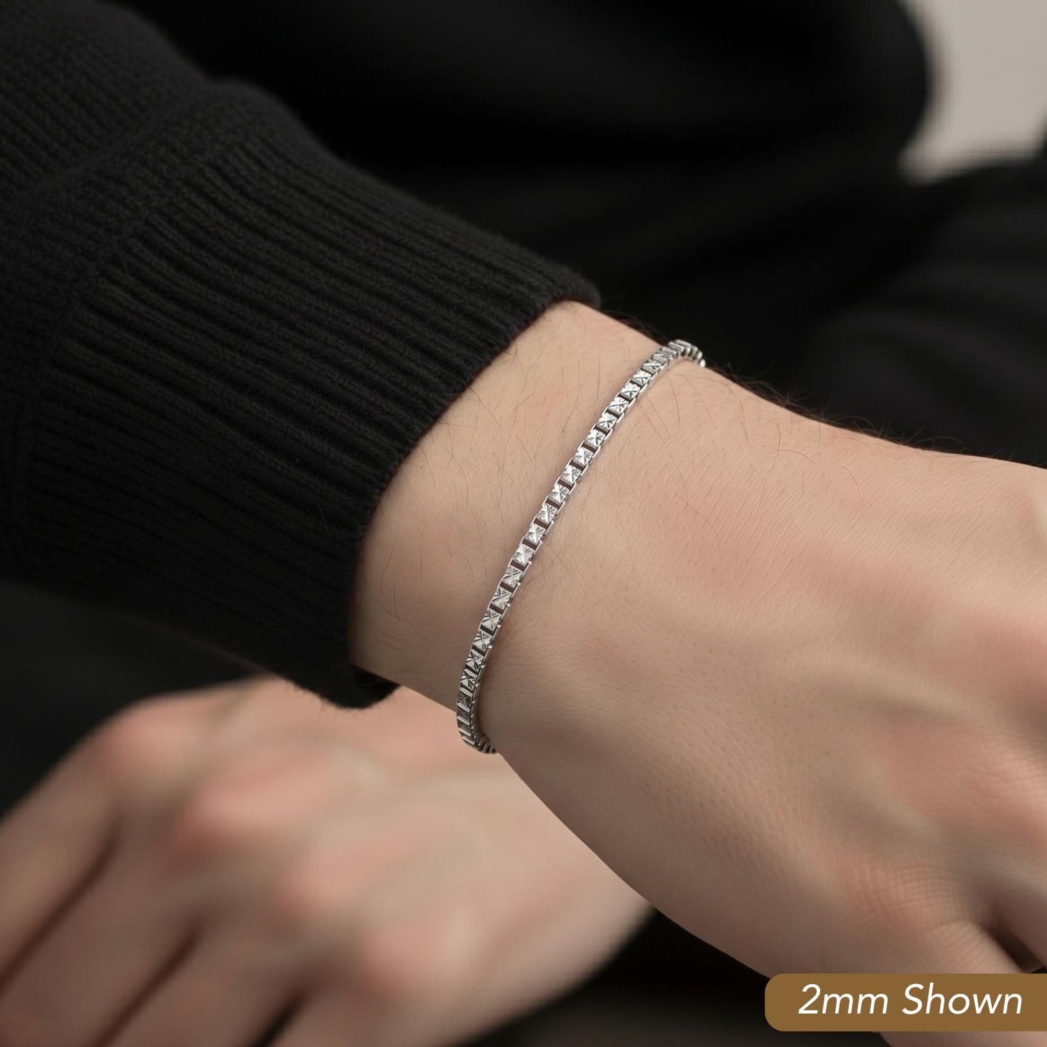 Sterling Silver Italian Box Chain Bracelet, With Hand Engraved