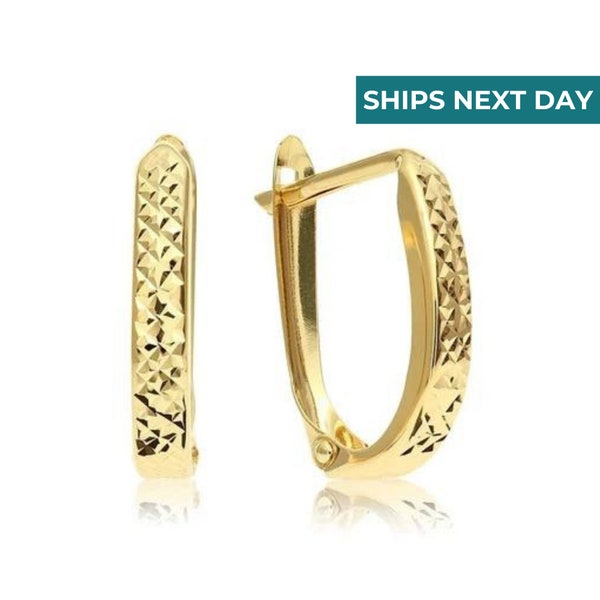 14K Solid Gold Diamond-cut Oval Huggies, SOLID 14K GOLD Huggie Hoop Earrings, Small Size Hoops Handmade Fine Jewelry