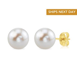 14k Gold Freshwater Pearl Stud Earrings, Lustrous Round White Pearl Studs, Classic Bridal Jewelry, Gift for Her, 5mm, 6mm, 6.5mm, 7mm