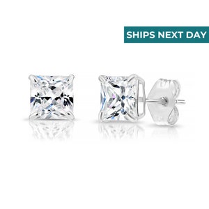 925 Solid Sterling Silver Earrings, Square Princess Studs with Cubic Zirconia Stones & .925 Silver Butterfly Push-backings, By TILO Jewelry