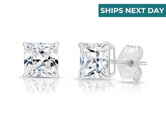 925 Solid Sterling Silver Earrings, Square Princess Studs with Cubic Zirconia Stones & .925 Silver Butterfly Push-backings, By TILO Jewelry