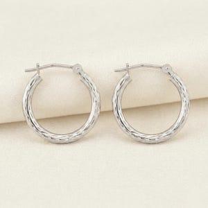 14K White Gold Classy Diamond-cut Hoop Earrings, Hand Engraved Special Quality Hoops, Made in NYC, Handmade By TILO Jewelry