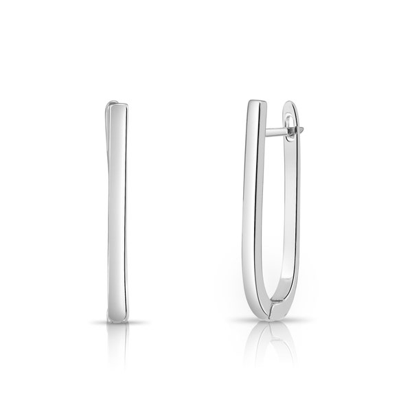 925 Sterling Silver Oval Huggie Hoops, Solid Sterling Silver Shiny Long Hoop Earrings, Classic Jewelry Handmade with Love