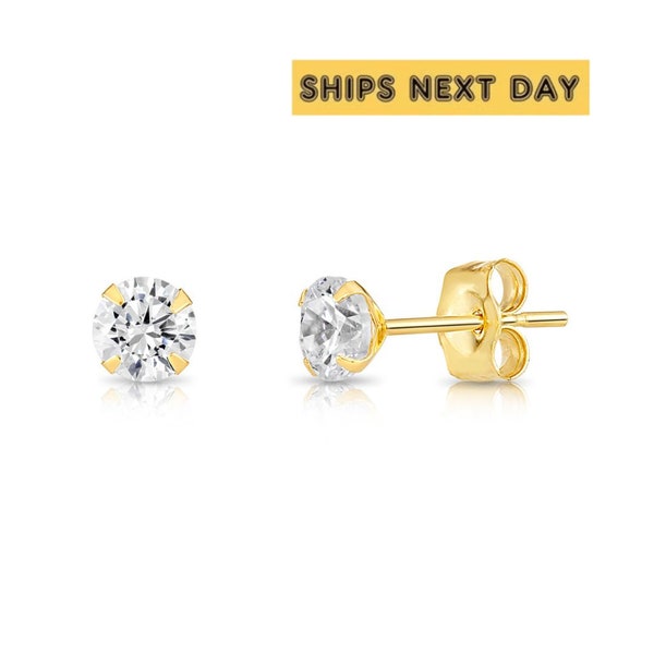 14K Solid Yellow Gold And White Gold Stamping CZ Stud Earrings, Push-back, 2mm, 3mm, 4mm, 5mm, 6mm, 7mm, 8mm, Dainty Everyday Earrings