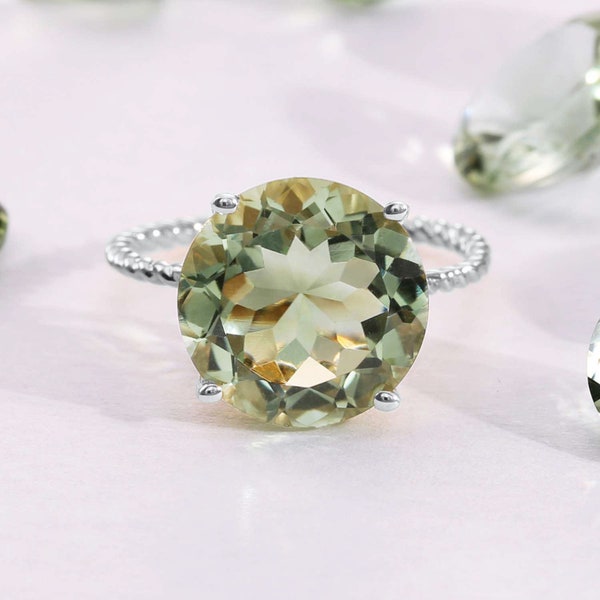 Sterling Silver Green Amethyst Ring, Five Carat Huge Natural Gemstone, 925 Twist Rope Design