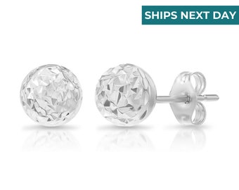 14K White Gold Sparkle Ball Stud Earrings, Hand Engraved Diamond Cuts, By TILO Jewelry