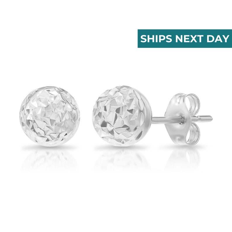 14K White Gold Sparkle Ball Stud Earrings, Hand Engraved Diamond Cuts, By TILO Jewelry image 1
