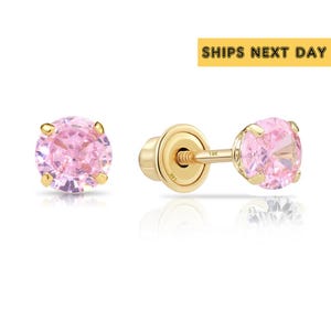 14k Solid Yellow Gold Round CZ Stud Earrings, Screwback Sleeper Studs, October Birthstone Pink Tourmaline Studs, By TILO Jewelry