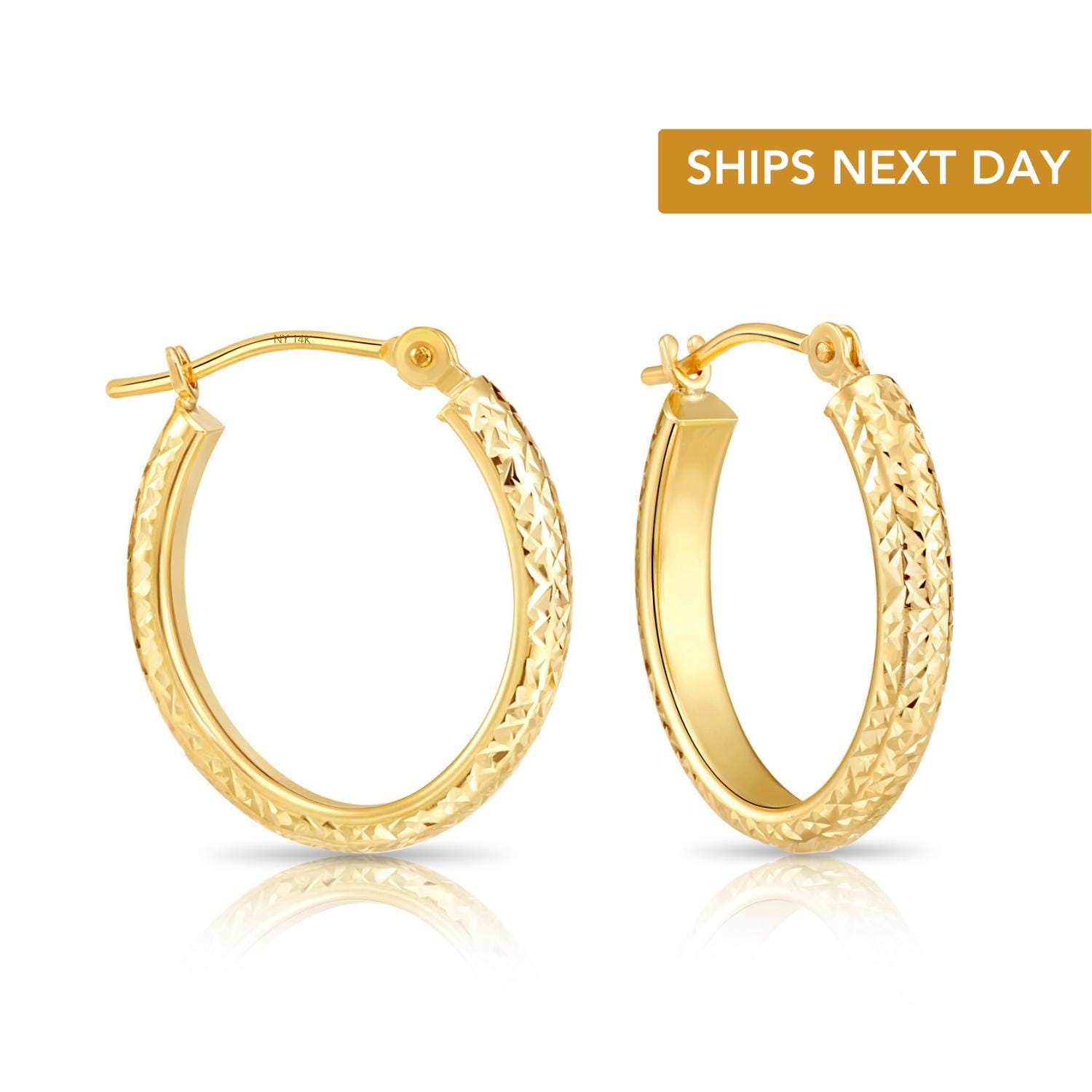 14K Gold Diamond-cut Hoops, Chunky Bold Oval Hoop Earrings, 