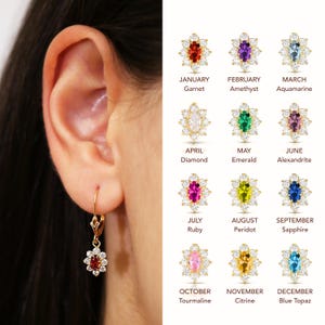 14K Gold Flower Dangle Drop Earrings, Birthstone Jewelry, French Lever back Design, 1 Inch Drop, All Birthstone Gemstones Available, By TILO