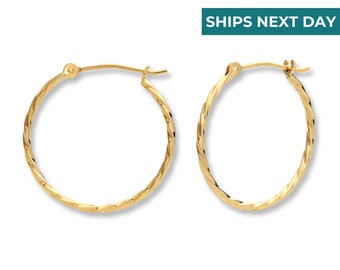 SOLID 14k Yellow Gold Twisted Thin Round Hoop Earrings, Available In All Sizes