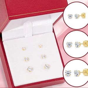 Set of 3! 14k Solid Gold Basket Set Round CZ Stud Earrings, Pushback Sleeper Studs, Simulated Diamond, Unisex, Sizes 3mm, 4mm, 5mm Bundle