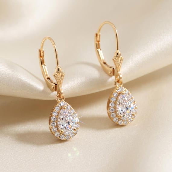 14K Gold Teardrop Halo Earrings, Simulated Diamond Dangle Earrings With Secure Lever-backs, Fancy 14k Gold Earrings, By TILO Jewelry