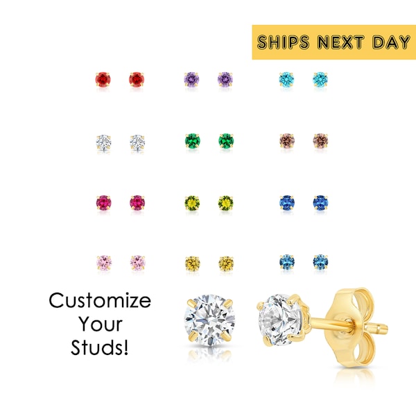 14k Gold Birthstone Stud Earrings with Butterfly Pushbackings, 3mm