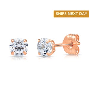 14k Solid Rose Gold Basket Set Round CZ Stud Earrings, Push back Cz Studs, Sleeper Cz Studs, Unisex, By TILO Jewelry
