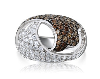 Unieke sterlingzilveren statement ring met witte en koffiebruine zirkonia, gesimuleerde diamant zirkonia, cocktailring voor dames