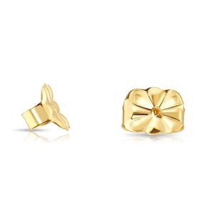 Cierres de mariposa de oro macizo de 14 k, ajuste cómodo, tamaño mediano, fabricados en EE. UU., con respaldos de repuesto auténticos de oro amarillo de 14 k.