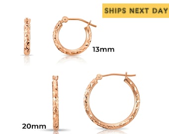 14K Rose Gold Hoop Earrings, Hand Engraved X-Pattern, Small & Large Gold Hoop Earrings, By TILO Jewelry