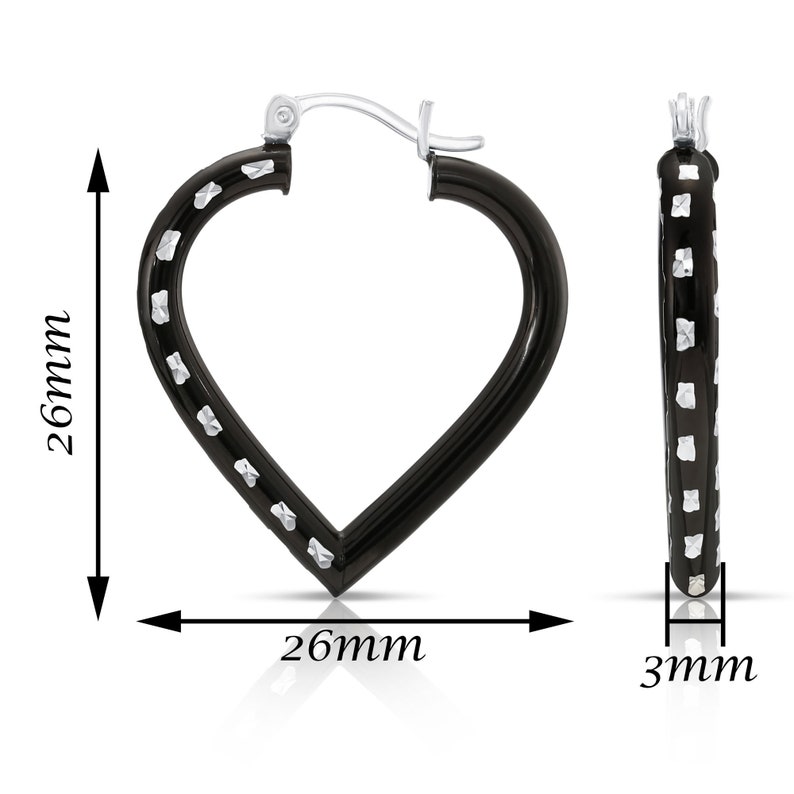 Fancy Glossy Black Sterling Silver Heart Hoop Earrings with Hand Engraved Rectangle Diamond-cut