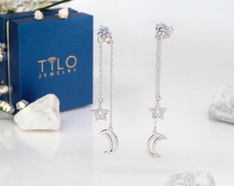Star and Moon Dangle Earrings, Sterling Silver Solitaire and Pave CZ Charm Studs