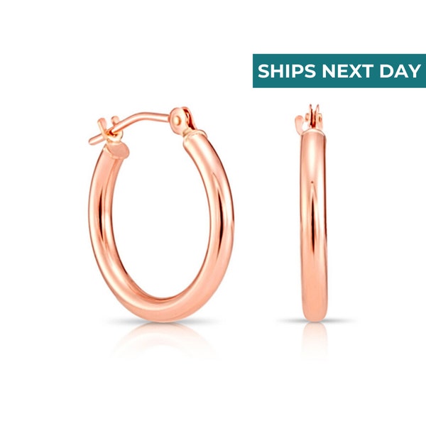 14K Solid Rose Gold Hoop Earrings, Classic Round Shiny Polished Finish, 2mm Thin