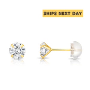 14K Solid Yellow Gold and White Gold  CZ Stud Earrings, Silicone Push-back, 2mm, 3mm, 4mm, 5mm, 6mm, 7mm, 8mm Dainty Earrings, Unisex