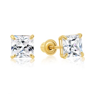 14K Gold Square Stud Earrings, Solid 14K Yellow Gold Screw-back Studs, Princess Cut Cubic Zirconia Stones, By TILO Jewelry