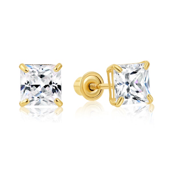 14K Gold Square Stud Earrings, Solid 14K Yellow Gold Screw-back Studs, Princess Cut Cubic Zirconia Stones