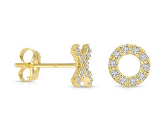 14k Solid Yellow Gold XO Stud Earrings, Cute Sparkling CZ Design Studs, With Secure Push-Backs, Stackable Dainty Studs, By TILO Jewelry