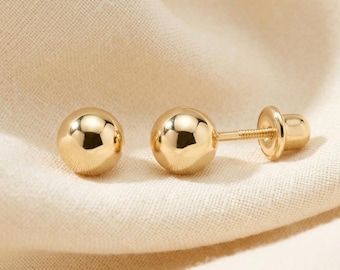 14K Yellow Gold Round Ball Stud Earrings, Classic Polished Ball Studs, Screwback, By TILO Jewelry