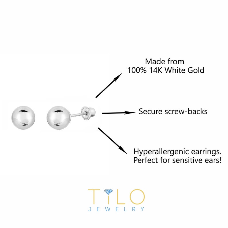 14k White Gold Ball Earrings, Solid 14K Gold Ball Studs With Secure ...