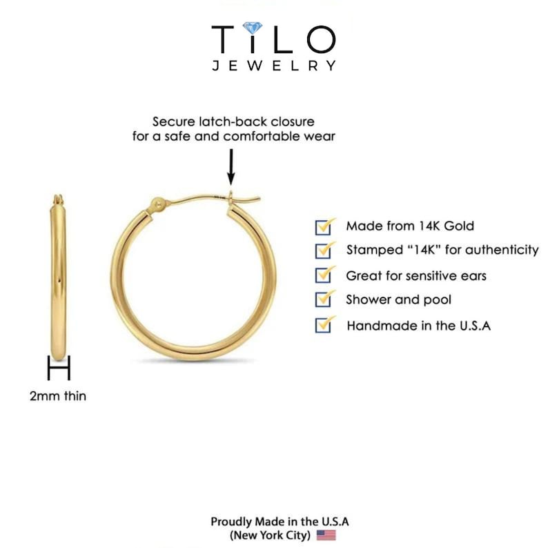 14K Gold Round Hoop Earrings, Solid Yellow Gold Shiny Hoops, Classic Jewelry Handmade with Love image 4