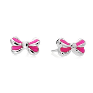 925 Sterling Silver Little Pink Ribbon Enamel Stud Earrings, Solid Sterling Silver Butterfly Push-back Studs, Gift For Children, By TILO