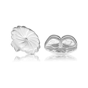 May include: A pair of clear plastic earring backs. One back is shown from the front and the other from the back. The back is designed to hold an earring post in place.
