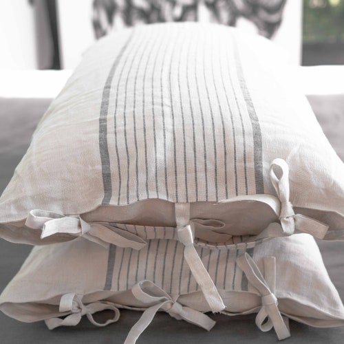 Linen Oatmeal Blue Striped Pillowcase With Ties. Stone Etsy