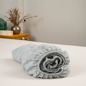 Fitted Linen Sheet in Sky Blue, Washed Linen Bedding, Double, Queen, King, Costum Size Fitted Sheet,  Soft Linen Bed Sheet