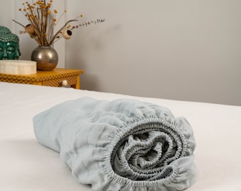 Sky Blue Linen Fitted Sheet, Washed European Linen Bedding