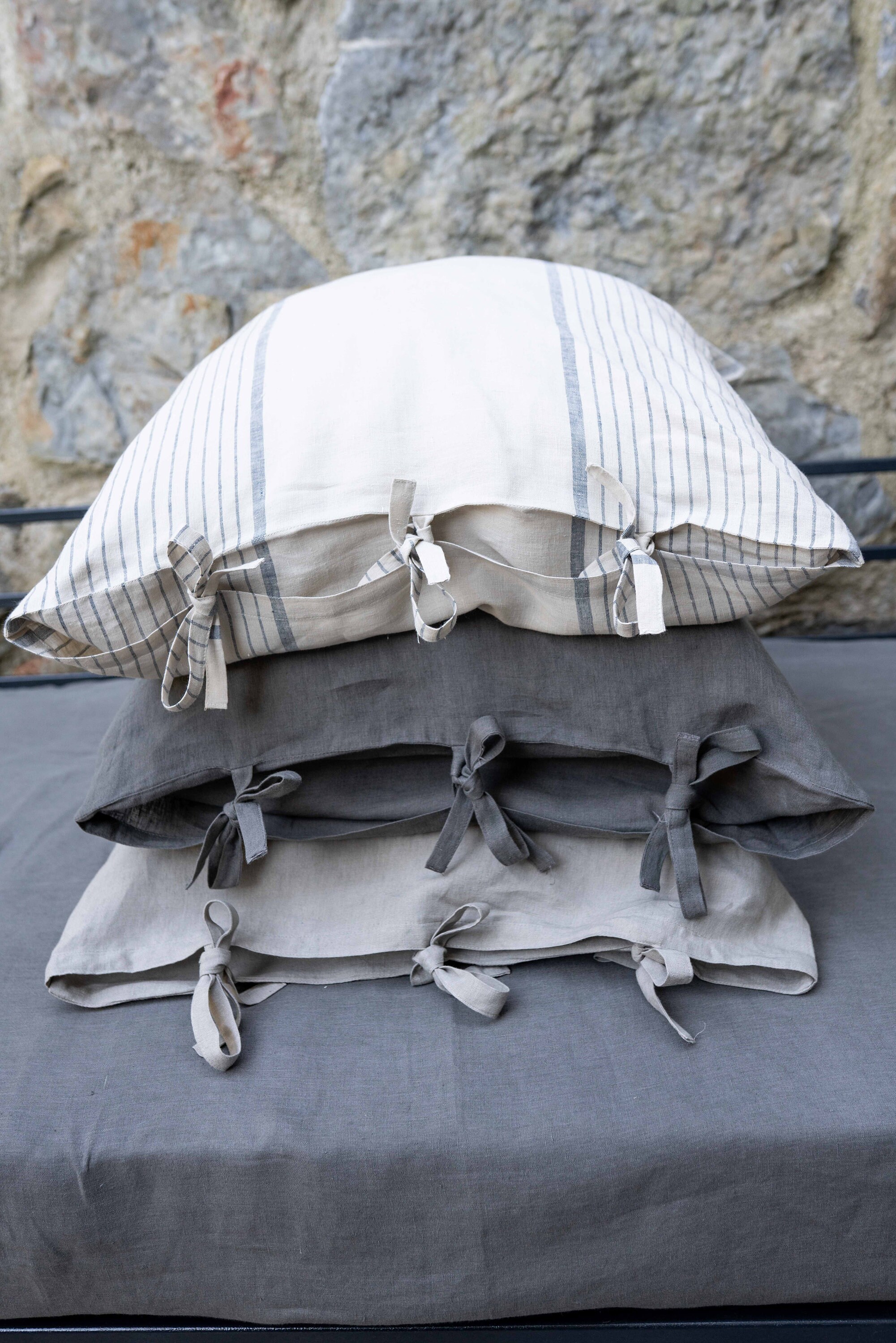 Linen Oatmeal Blue Striped Pillowcase With Ties. Stone Etsy